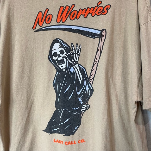 Last Call Co. No Worries Grim Reaper Graphic T-Shirt Tan Size XXL - Picture 7 of 7